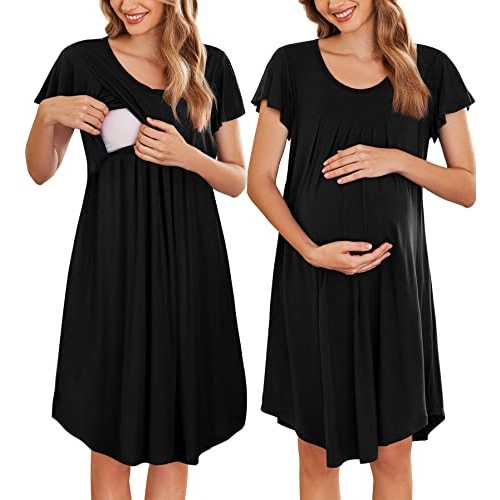 Ekouaer Nursing Nightown Labor and Delivery Gown for Hospital Pleated Breastfeeding Dress Short Sleeve Maternity Sleepwear