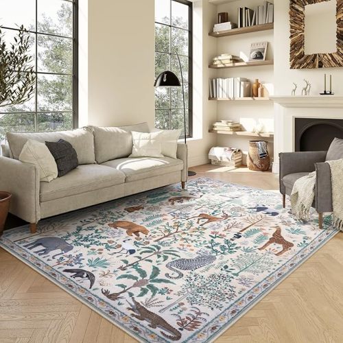 LEEVAN Large Area Rug 6x9 Washable Area Rug for Bedroom, Low Pile Beige Living Room Rug Thick Abstract Jungle Animal Nursery Area Rug, Non Slip Carpet for Playroom