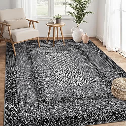 Washable Rugs 5x7 Living Room Boho Throw Rug Stain Resistant Braided Print Border Large Carpet for Bedroom with Rubber Backing Low Pile Farmhouse Rustic Rug for Home Decor Office, Black