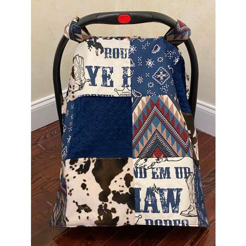 Baby Car Seat Tent, Patchwork Cowboy Navy Car Seat Canopy, Cowboy Baby Boy Shower Gift