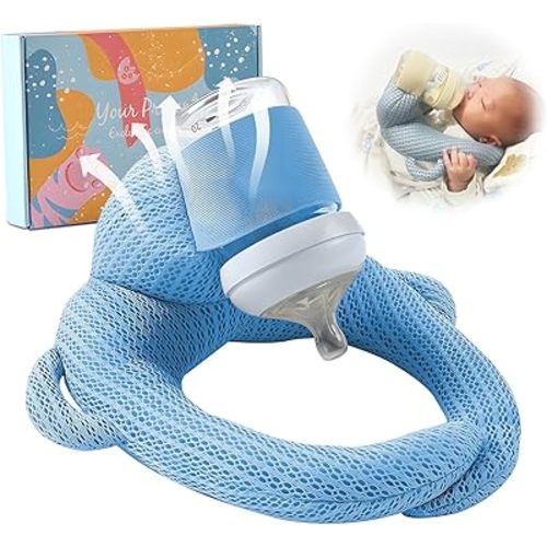 Baby Bottle Holder, Hands Free Support Pad for Self Feeding, Soft Breathable Design (Blue)