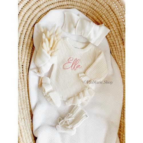 Embroidered name baby romper, newborn girl coming home knit ruffle outfit, custom chunky knit ribbed bodysuit, personalized baby shower gift