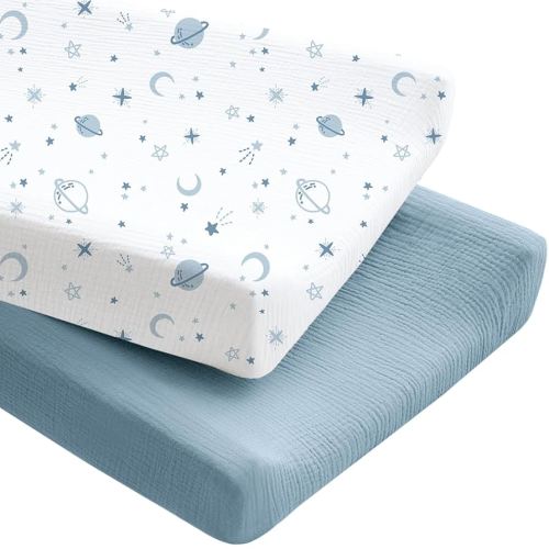 Konssy 2 Pack Muslin Changing Pad Covers for Boys, Ultra Soft & Breathable Cotton Baby Diaper Changing Table Covers, Neutral Nursery Diaper Changing Pad Sheets (Star,Blue)