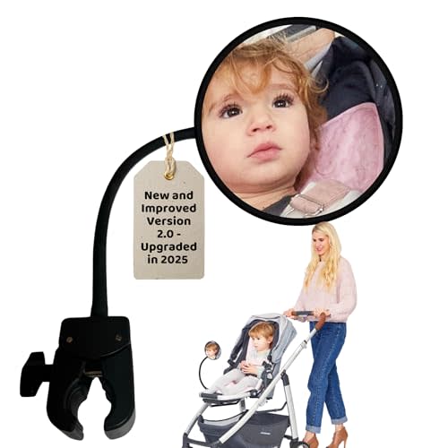 Pramglam Stroller Mirror Upgraded Version 2.0- See Baby’s Face on Walks. Rear View Mirror for Prams and Strollers. Universal Stroller Accessory for Safety and Connection.