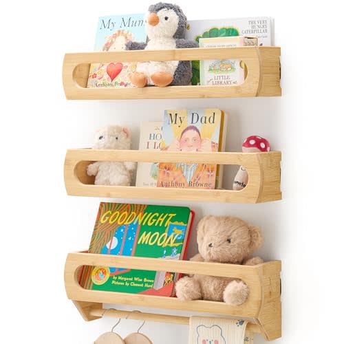 Nursery Shelves for Wall, Premium Bamboo Wood, Fully Assembled - Nursery Book Shelves, Book Shelf for Kids Rooms, Multi-Use Floating Shelves for Wall, Set of 3 (Natural, 16.5 Inches)