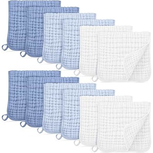 Muslin Burp Cloths for Baby 100% Cotton Burping Cloths for Boys Girls Large 20''X10'' Extra Soft and Absorbent 12 Pack - Gradient White Blue