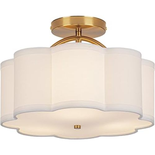 Semi Flush Mount Ceiling Light, 11.8" Modern 3-Light Fixture with Petal-Shaped Cream White Fabric Shade and Golden Support Arm, Ideal for Bedroom, Kitchen, Living Room, Hallway, and Entryway