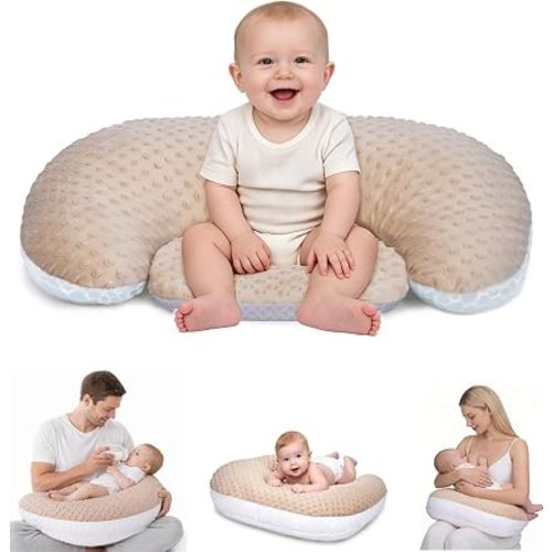 Multifunctional Nursing Pillow, Wider Breastfeeding Pillow with Minky Dot & Breathable Mesh, Anti-Slip Base for Tummy Time & Baby Sitting Support, Removable Soft Cover, Large Opening for Most Body