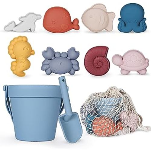 11Pcs Silicone Beach Toys,Modern Baby Beach Toys,Travel Friendly Beach Set,Silicone Bucket, Shovel, 8 Sand Molds, Beach Bag,Silicone Sand Toys for Toddlers, Kids (Blue)