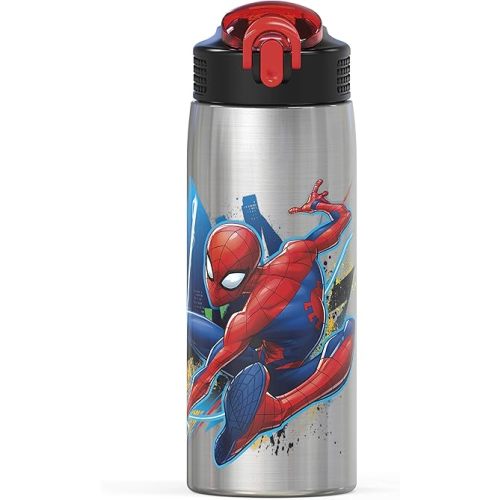 Zak Designs 27oz Marvel 18/8 Single Wall Stainless Steel Water Bottle with Flip-up Straw and Locking Spout Cover, Durable Cup for Sports or Travel (27oz, Spider-Man)
