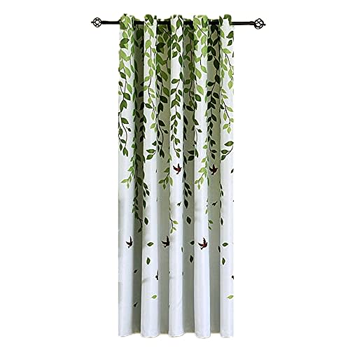 1 Panel Half Blackout Curtain Grommet Drape for Bedroom Green Leaves Birds Pattern Silver Metal Rings Curtains for Living Room Bay Windows , W39 x L84 inch