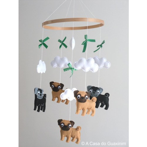 Pug Baby Mobile - Handmade Pugs with Wooden Hoop Nursery Decor
