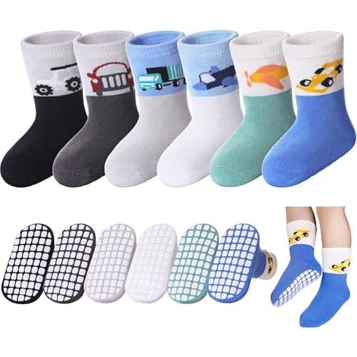Baby Toddlers Non Slip Socks with Grippers Cotton Crew Gift Grips Socks for Kids Boys Girls 6 Pairs