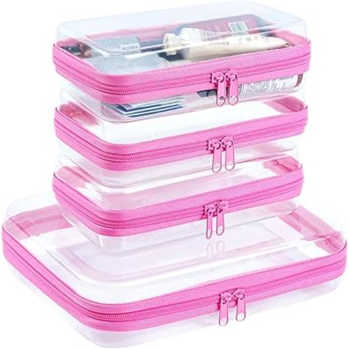 4 pcs Clear Zipper Pouches, Hard Shell Zipper Case, Makeup Organizer Travel Toiletry bag, Diaper Bag, Travel Organizer, Clear Cosmetic Bag,Toy Storage Bins (M+3S Pink)