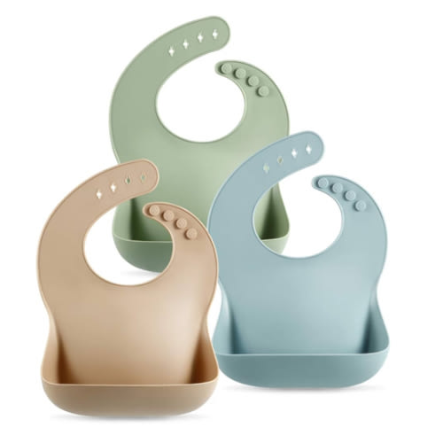 PandaEar Set of 3 Silicone Baby Bibs Waterproof, Soft, Unisex, 10-72 Months (Brown/Blue/Green)