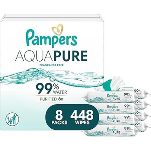 Pampers Aqua Pure Baby Wipes, 99% Water, Fragrance Free, 448 Baby Wipes Total (8X Flip-Top Packs) [Packaging May Vary]