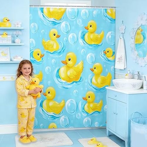 Manfei Cartoon Duck Kids Shower Curtains,Lovely Farmhouse Animal Bathroom Curtain,Kawaii Bubble Cute Home Decor,Blue Yellow Waterproof Curtains,12 Hooks Suits,72" W x 78" L