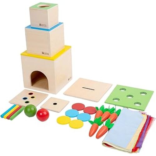 Adena Montessori 6 in 1 Play Kit Toy- 3 Nesting & Stacking Boxes, Object Permanence Drop Game, Coin Box, Carrot Harvest,Tissue Box,Sticks Matching Game for 6-12 Months 1 Year Old Toddlers 2 Year