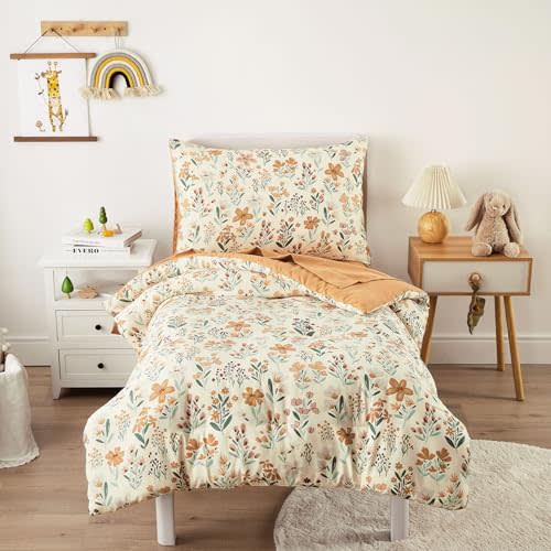 Wake In Cloud - Floral Toddler Bedding Set for Girls, Cute Colorful Botanical Flowers, 4 Pieces Soft Crib Bed Set Including Comforter, Sheets and Pillowcase, Orange Cream
