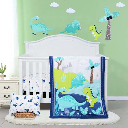 JISEN 3-Piece Baby Boy Dinosaur Crib Bedding Set with Microfiber Quilt, Crib Sheet, and Pillowcase