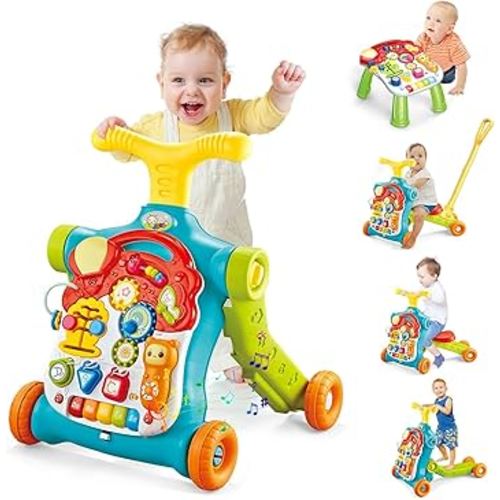 5 in 1 Baby Walker Sit-Stand Toy, Multifunctional Educational Baby Walker, Removable Play Panel with Music, Baby Push Walker Toy Gift, Green