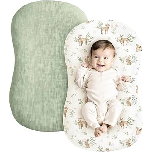 Konssy Muslin Baby Lounger Cover 2 Pack, 100% Cotton Newborn Lounger, Soft and Breathable for Boys & Girls (Woodland, Sage)