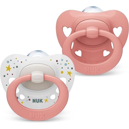 NUK Signature Baby Dummy | 0-6 Months | Soothes 95% of Babies | Heart-Shaped BPA-Free Silicone Pacifiers | Includes Case | Pink Hearts | 2 Count
