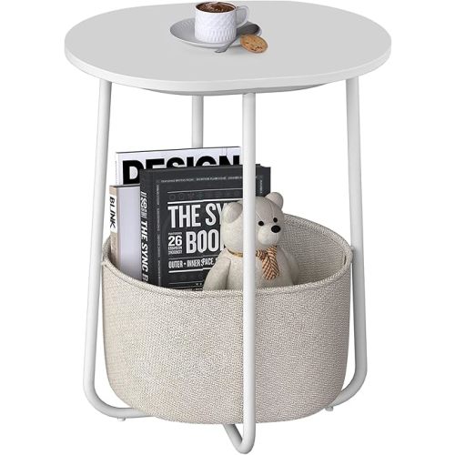 TUTOTAK Small Side Table, Oval End Table, Night Stand, Bedside Table with Cloth Storage Basket, Living Room, Bed Room, White TB01BW063