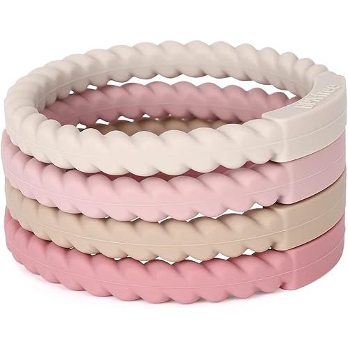 Socub Silicone Baby Teether Toy, 4 Pack BPA Free Soft Silicone Teether Bracelets for 3+Month Babies, Wearable as Bracelets, Baby Chew Toy (Sand/Light Grey/Dusty Lilac/Power Rose)