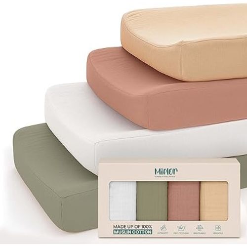 Mi Flor 4 Pack Muslin Changing Pad Cover 16x32x5 inches – Ultra Soft CPC Certified Baby Changing Table Cover with Elastic Corners, 360° Fit, Lightweight, Breathable, Fits Most Changing Pads