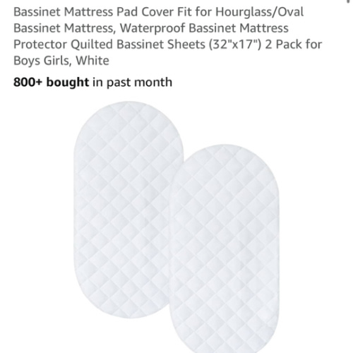 Bassinet Mattress Pad Cover Fit for Hourglass/Oval Bassinet Mattress, Waterproof Bassinet Mattress Protector Quilted Bassinet Sheets (32"x17") 2 Pack for Boys Girls, White