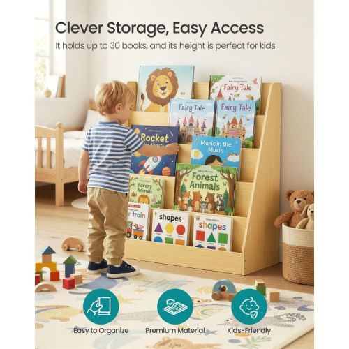 SONGMICS Kids Bookcase, 5-Tier Montessori Bookshelf, Front-Facing Book Display Rack, 11.8 x 31.5 x 31.5 Inches, Beech Beige