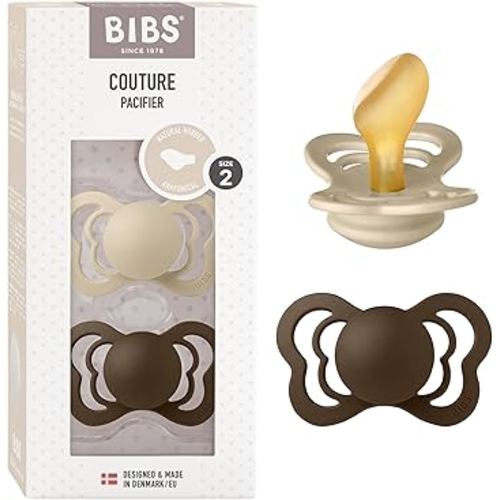 BIBS Couture Baby Pacifier 2-Pack | Made in Denmark | BPA Free Dummy Soother, Anatomical Nipple. Natural Rubber Latex, Size 2 (6-18 Months), Vanilla/Mocha