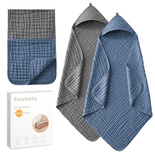 Fmebaby Hooded Baby Towels for Newborn 2 Pack 36x36 Inch Muslin Cotton Baby Bath Towel and 2 Pack Washcloths for Babies, Infant, Toddler and Kids, Soft and Absorbent Newborn Essential(Grey and Blue)