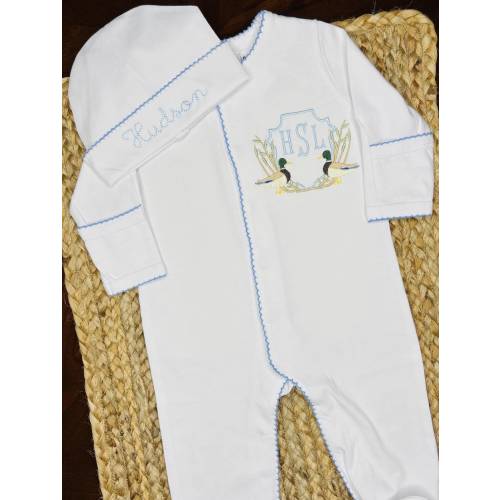 Personalized Baby Boy Set Cotton Coming Home Outfit Monogram Baby Clothes Custom Duck Footie Hat Set Heirloom Infant Sleepwear Soft Blue