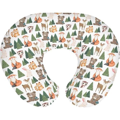 Cute Animals Green Pine Trees Baby Nursing Pillow Covers for Boy Girl Bear Deer Raccoon Rabbit Owl Nursery Pillowcase for Breastfeeding Pillows Animal Soft Stretchy Slipcovers for Newborn