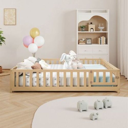 Full Size Floor Platform Bed with Fence & Door for Kids, Montessori Floor Bed Frame with Support Slats for Toddlers, Natural-ModernLuxe