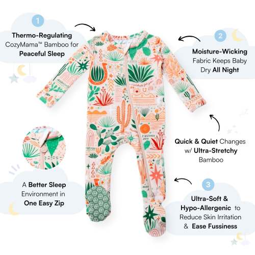 Desert Cactus Vibes | Bamboo Footie Onesie Sleeper | "Mama, I Wished for You" | Thermo-Regulating, Double Zipper, 4-Way Stretch | Raising Mama