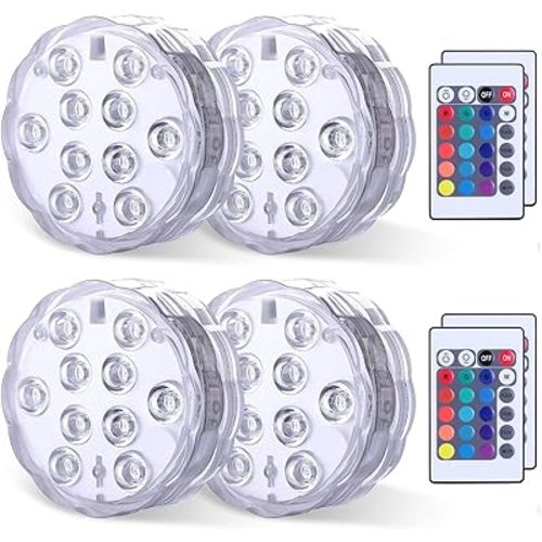 Submersible LED Lights Remote Control Battery Powered, RGB Multi Color Changing Waterproof Light for Pool, Vase Base, Spa, Aquarium, Pond, Hot Tub, Decoration, Party, 4-Pack