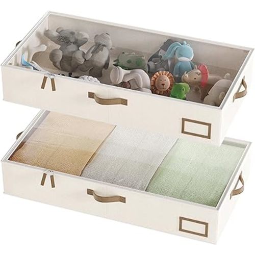 Under Bed Storage Containers, 2-Pack Underbed Storage Box, Collapsible Clothes Storage Bins with Handles and Lid, Large Under Bed Organizers for Shoe, Blanket, Toy, Pillow, Sheet, Beige