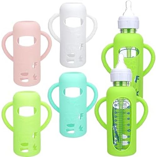 4 Pack Silicone Sleeves for Dr. Brown's Glass Bottles 8OZ Anti Breakage Baby Bottle Holder, Compatible with Dr. Brown's Glass Bottles for Babies (8OZ with Handle)
