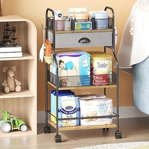 3-Tier Baby Diaper Caddy Cart Organizer with Drawer,Rolling Utility Cart & Bedside Nursery Essentials Cart for Newborn Baby Stuff, 2+1 Dividers, Baby Storage Organizer for Bedroom,Changing Table,Grib