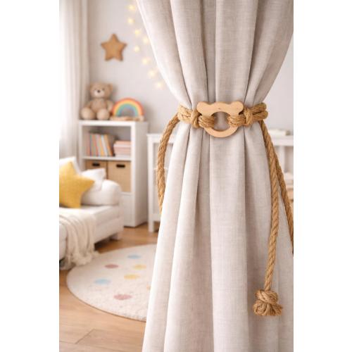 Wooden Bear Curtain Tieback with Jute Rope – Kids Room Decor Accessory