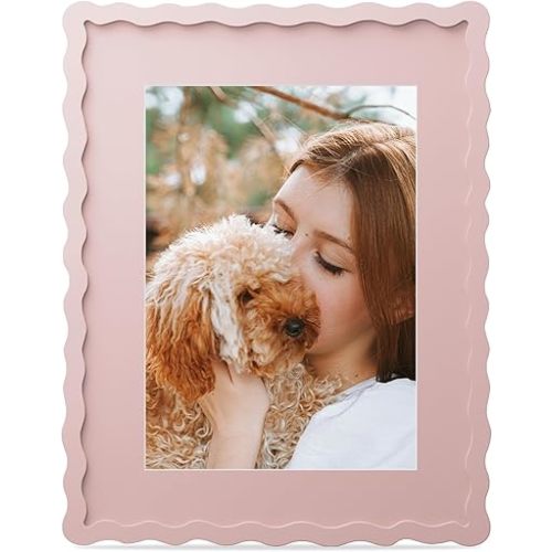 11x14 Picture Frame with Mat for 8x10, Wavy Edge Wooden Real Glass Photo Frame for Tabletop and Wall Hanging, Pink, 1 Pack
