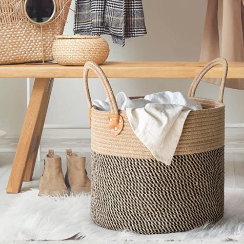 CHICVITA Jute Woven Storage Basket 14" X 14" X 12", Jute - Black