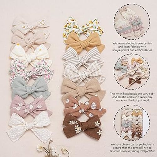 Fancy Clouds Baby Girl Bows and Headbands,14 pcs Stretchy Soft Nylon Hairbands Hair Bows for Newborns, Infants, Toddlers - Handmade Baby Hair Accessories for Girls Gifts