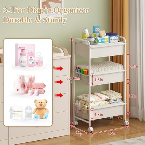3-Tier Baby Diaper Caddy Cart Organizer with 2 Dividers & 8 Mesh Pockets - Mobile Nursery Storage Cart with Wheels, Durable Metal Utility Cart for Nursery, Bedroom, Bathroom Essentials Organization