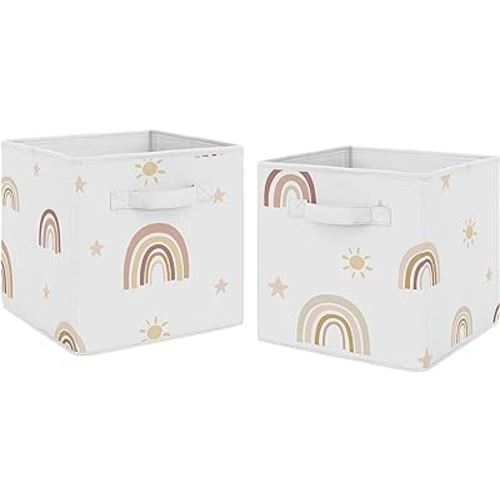 Sweet Jojo Designs Boho Rainbow Foldable Fabric Storage Cube Bins Boxes Organizer Toys Kid Baby Children - Set of 2 - Blush Pink Dusty Rose Gold Yellow Mauve Taupe Beige Bohemian Stars Sun Celestial