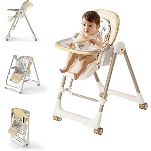 High Chairs for Babies and Toddlers, Foldable High Chair with Lockable Wheels, 4-in-1 Convertible, Adjustable Reclining Seat with Leg Rest & 5-Point Harness, Soft Cushion, Portable When Folded, Beige