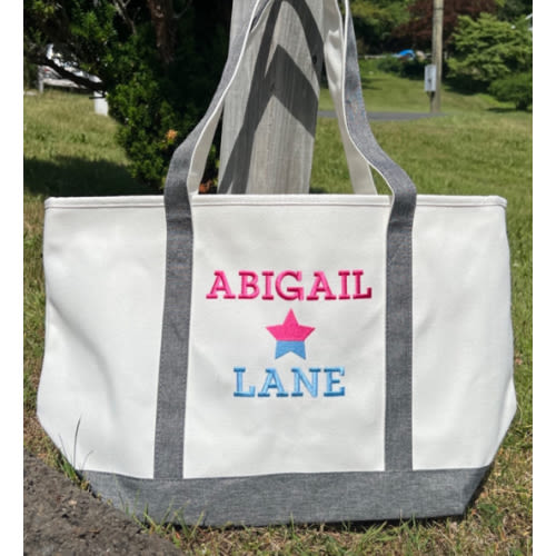Canvas Tote - Grey Stripe-Name and One Symbol Only